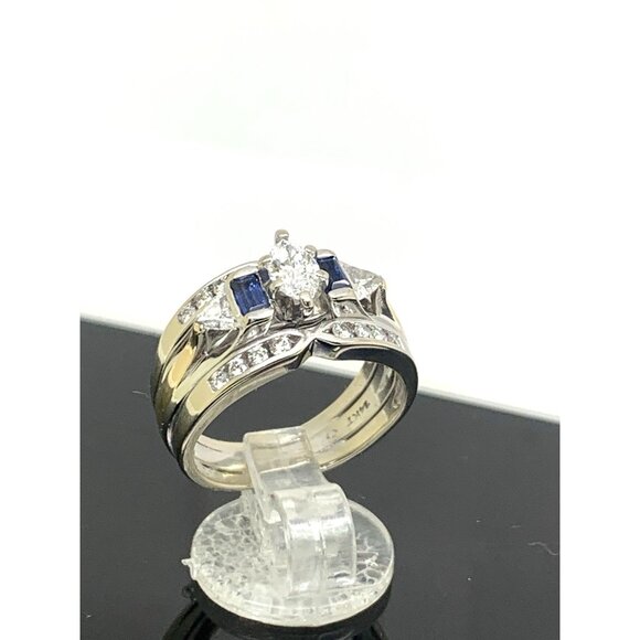 Wedding Set Diamond Blue Sapphire 14K White Gold Engagement Ring Band Size 5.25 - Picture 4 of 12